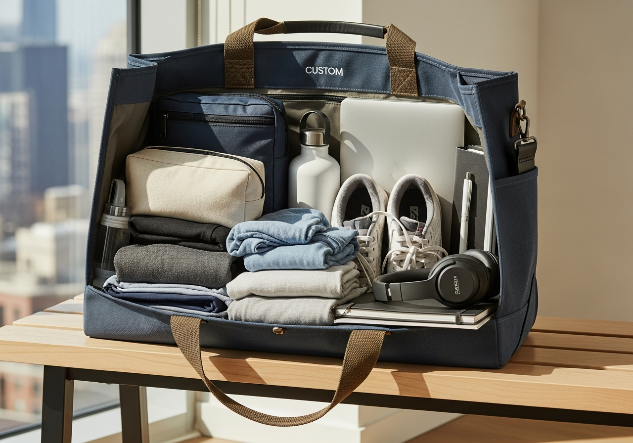 Large custom tote bags with reinforced handles showing capacity with travel laptop and gym gear