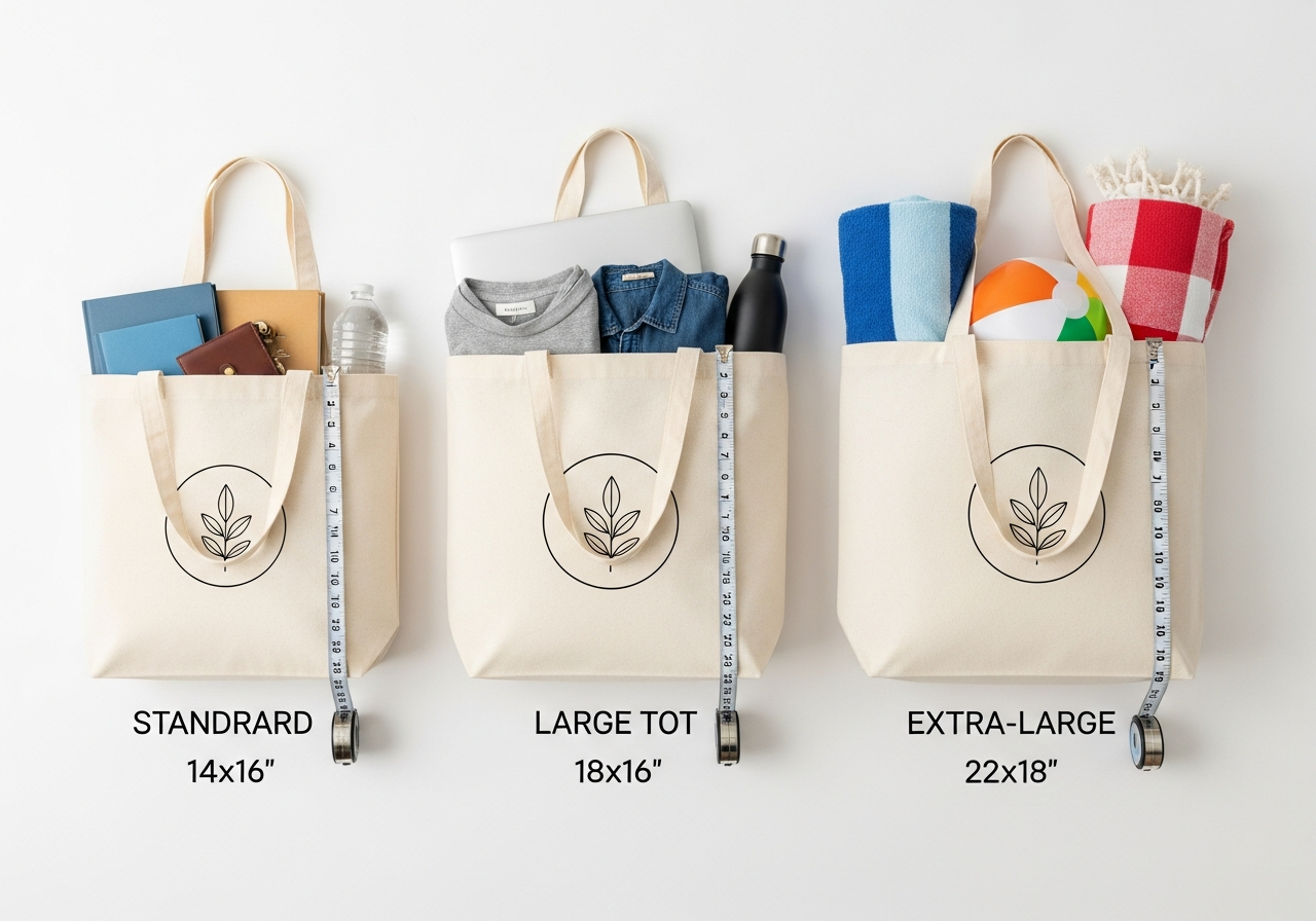 Size comparison of standard large and extra-large custom tote bags with measurements and scale reference