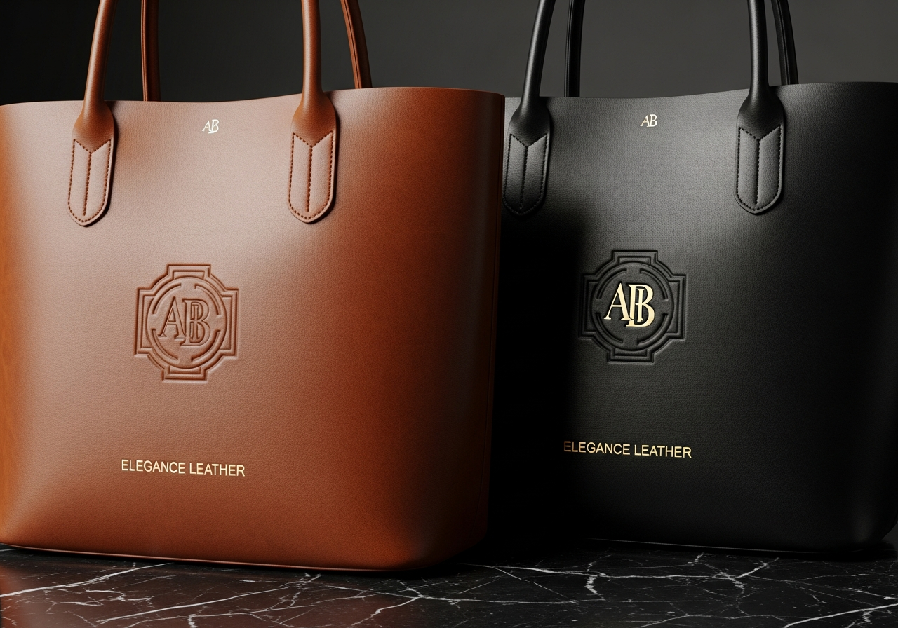 Premium custom leather tote bags with embossed monogram and gold foil stamped branding