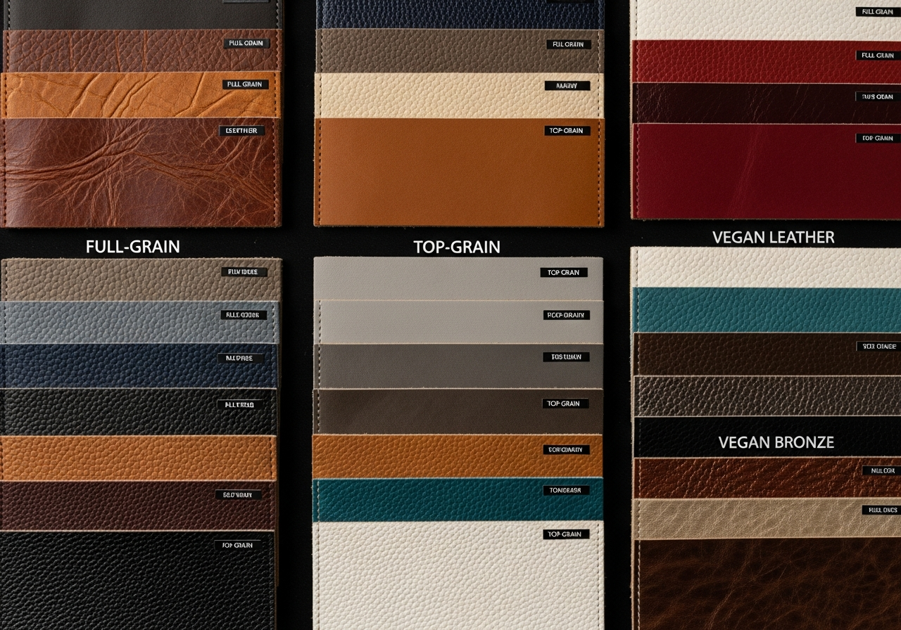 Full-grain top-grain and vegan leather material samples for custom tote bag comparison