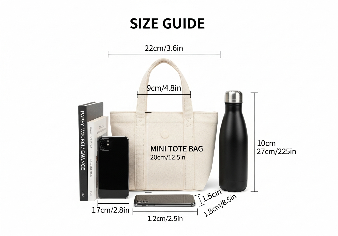 Mini tote bag size guide with dimensions compared to phone book and water bottle for scale