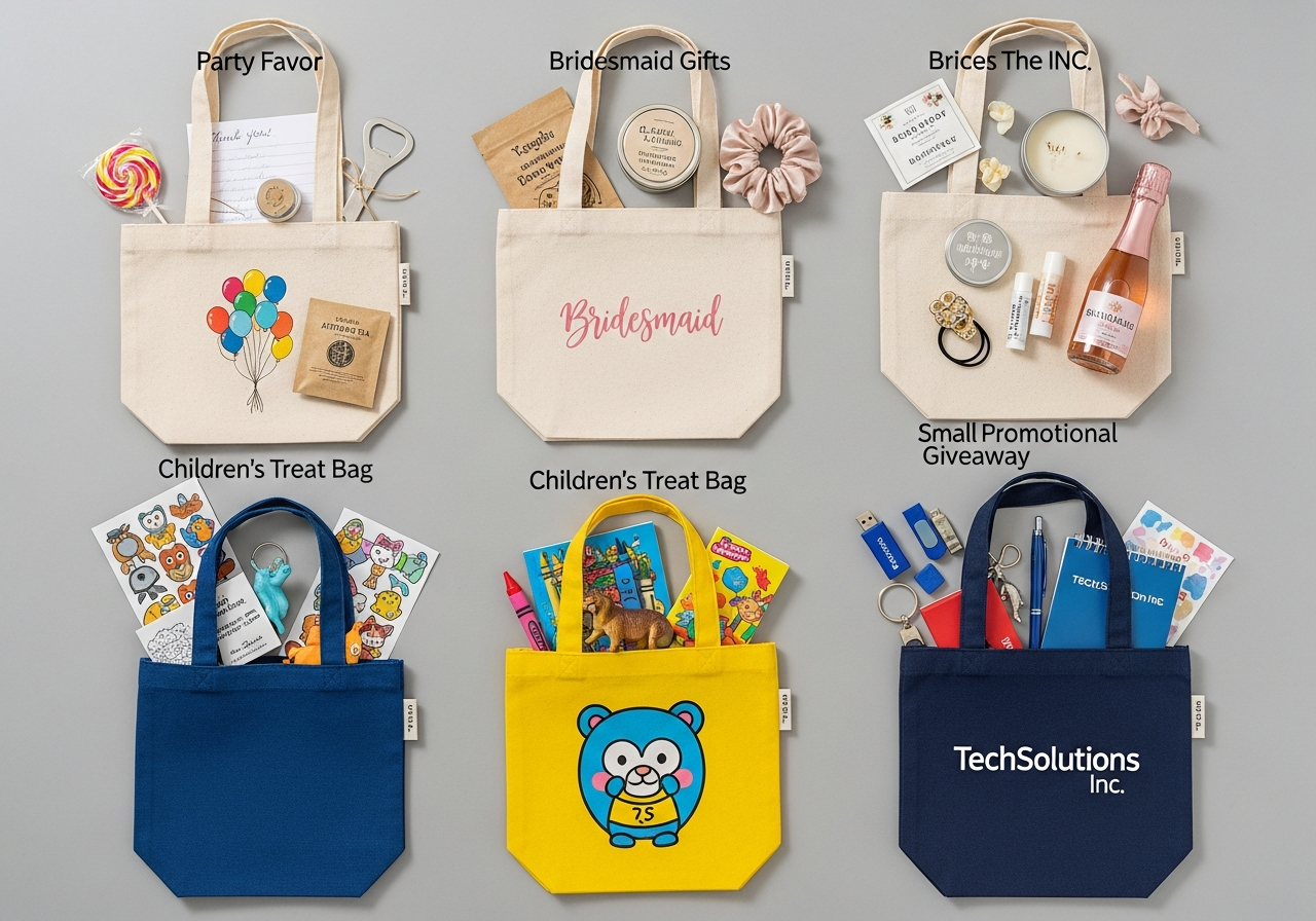 Custom mini tote bags used for lunch gift packaging cosmetics and everyday accessories