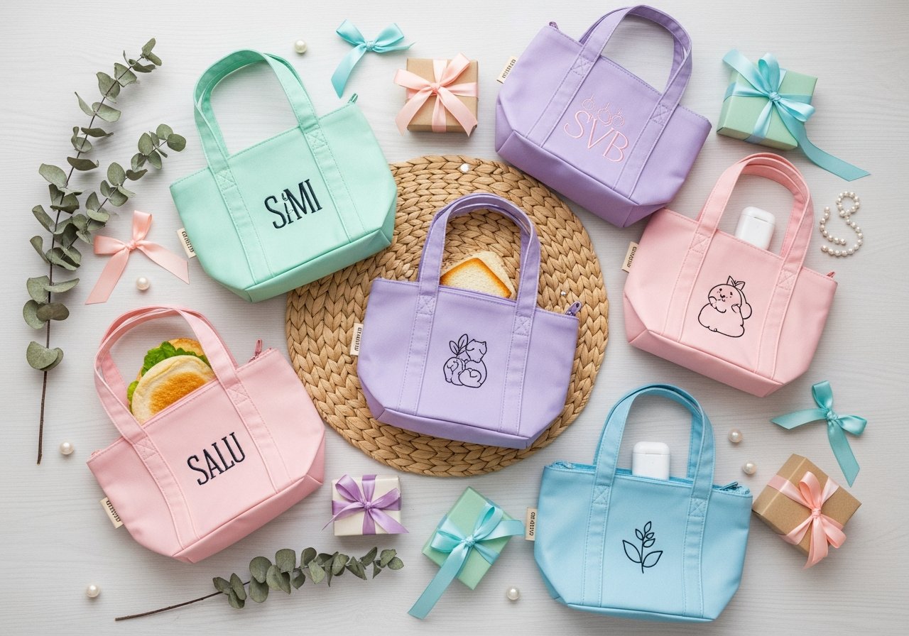 Collection of custom mini tote bags in various materials and designs for gifts events and everyday use