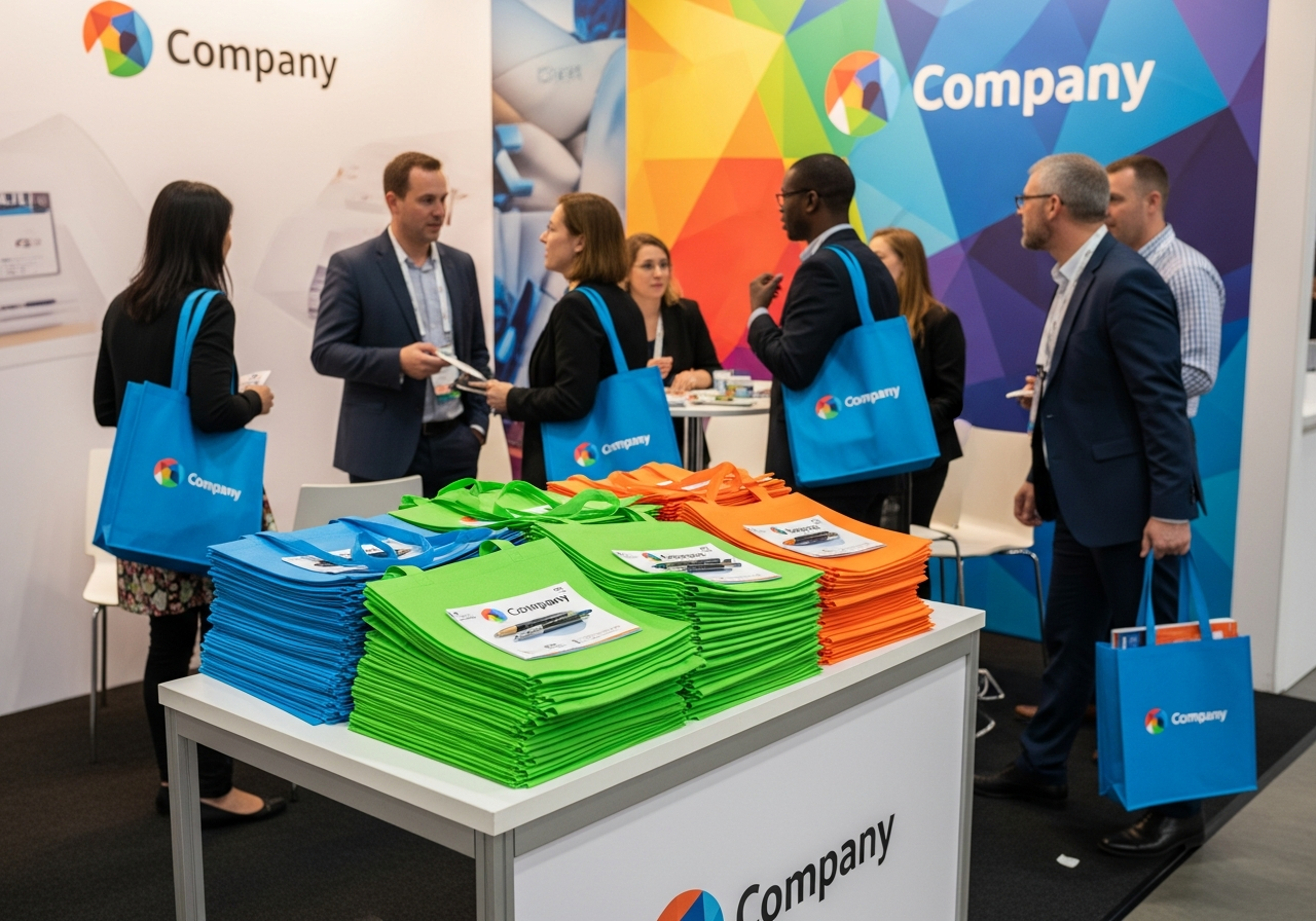 Custom non-woven tote bags at a trade show conference with branded logos in multiple colors