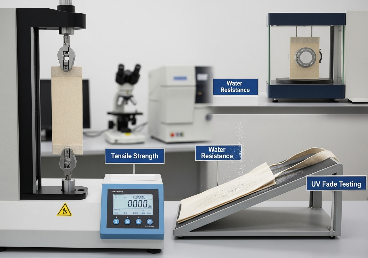 Recycled PET tote bag material tensile strength and UV fade testing in quality lab