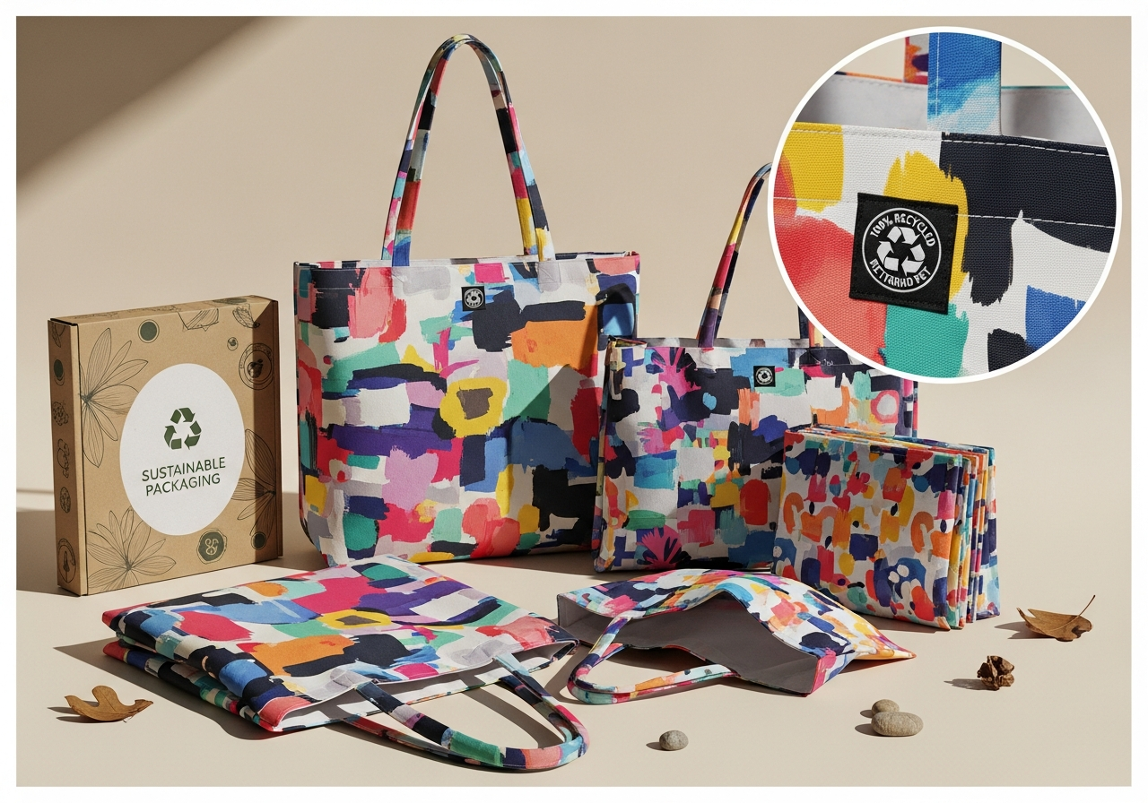 Finished custom recycled PET tote bags with colorful sublimation printing and eco-friendly branding