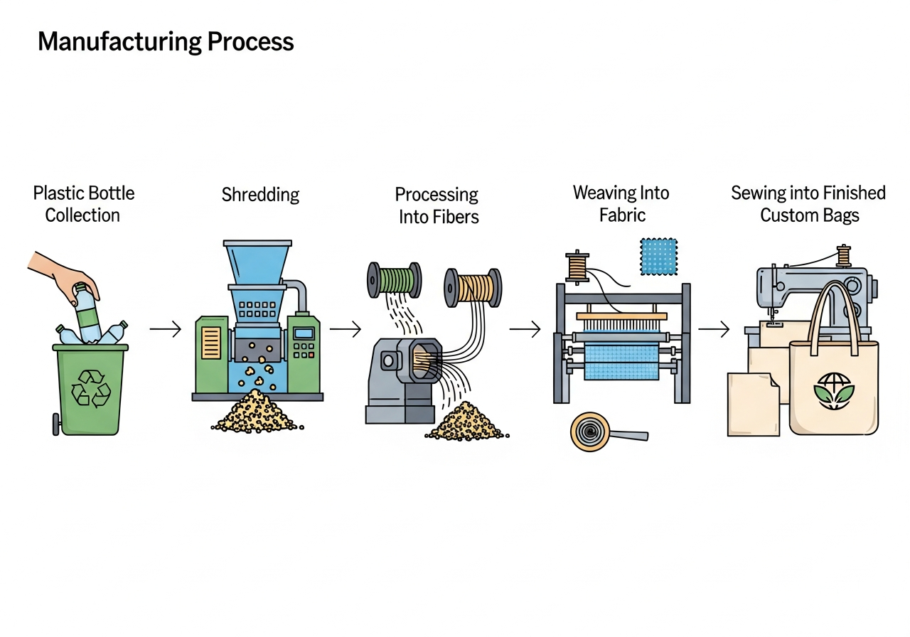 Recycled PET tote bag manufacturing process from plastic bottles to finished custom bag
