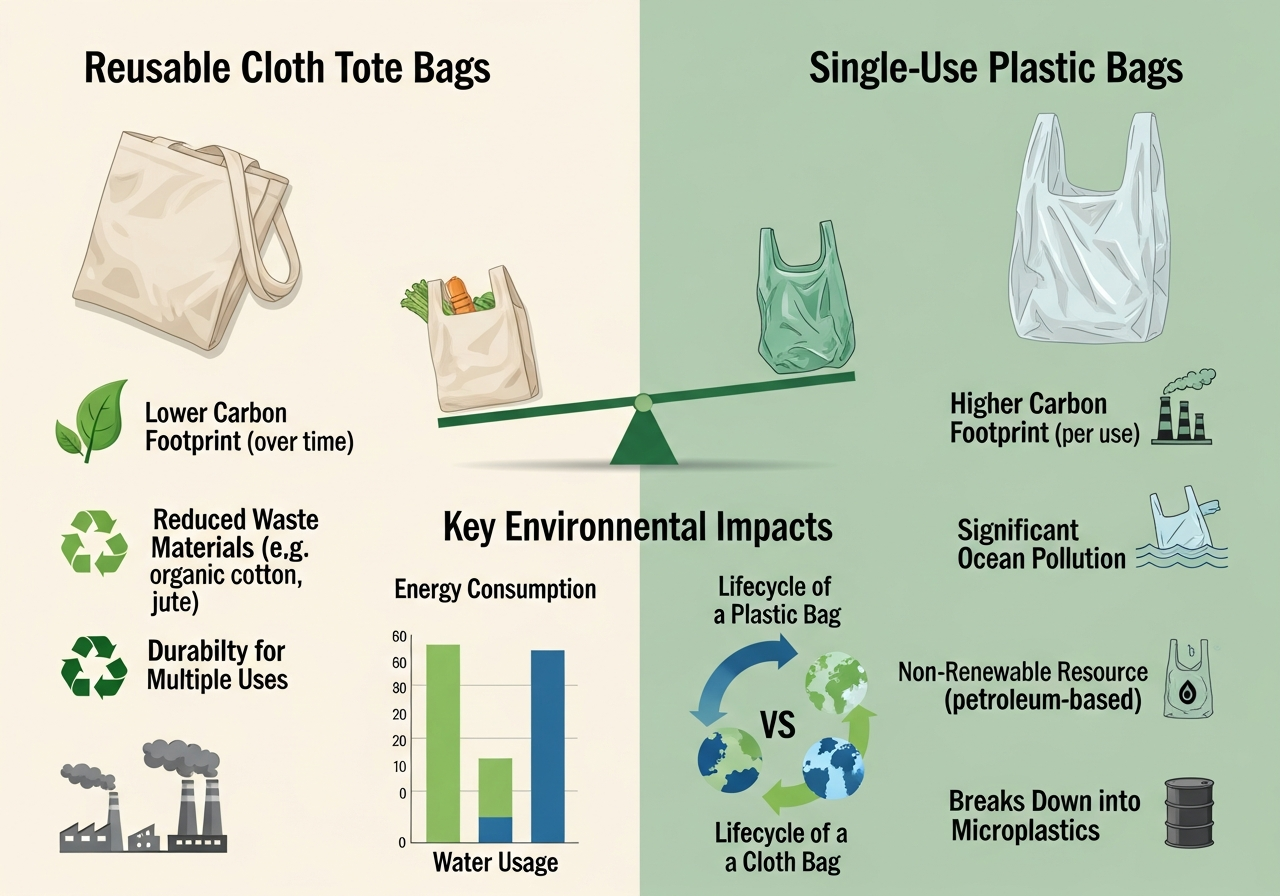 Eco comparison chart showing environmental benefits of reusable cloth totes versus single-use plastic bags