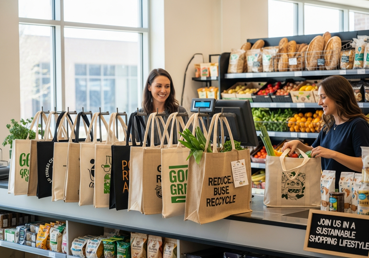 Custom reusable shopping tote bags at a retail grocery store checkout with branded logos replacing plastic bags