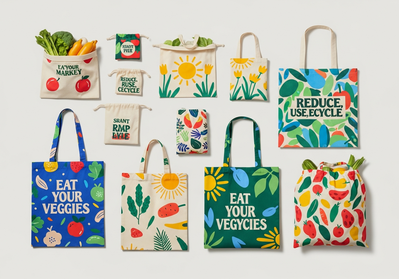 Collection of custom printed reusable shopping tote bags in different sizes for produce and groceries