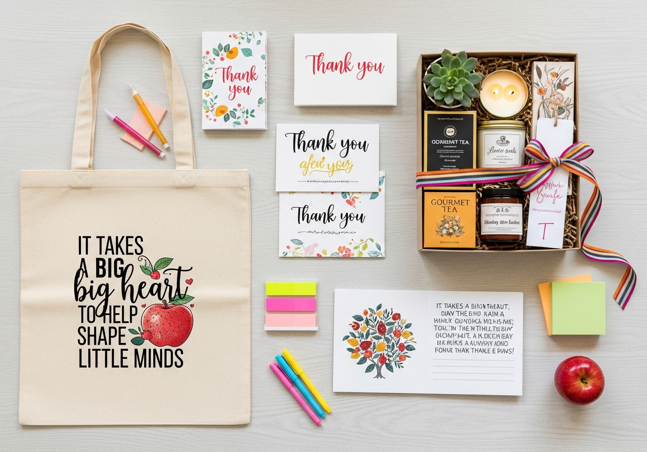 Teacher appreciation gift ideas including custom tote bags with inspirational quotes and gift sets