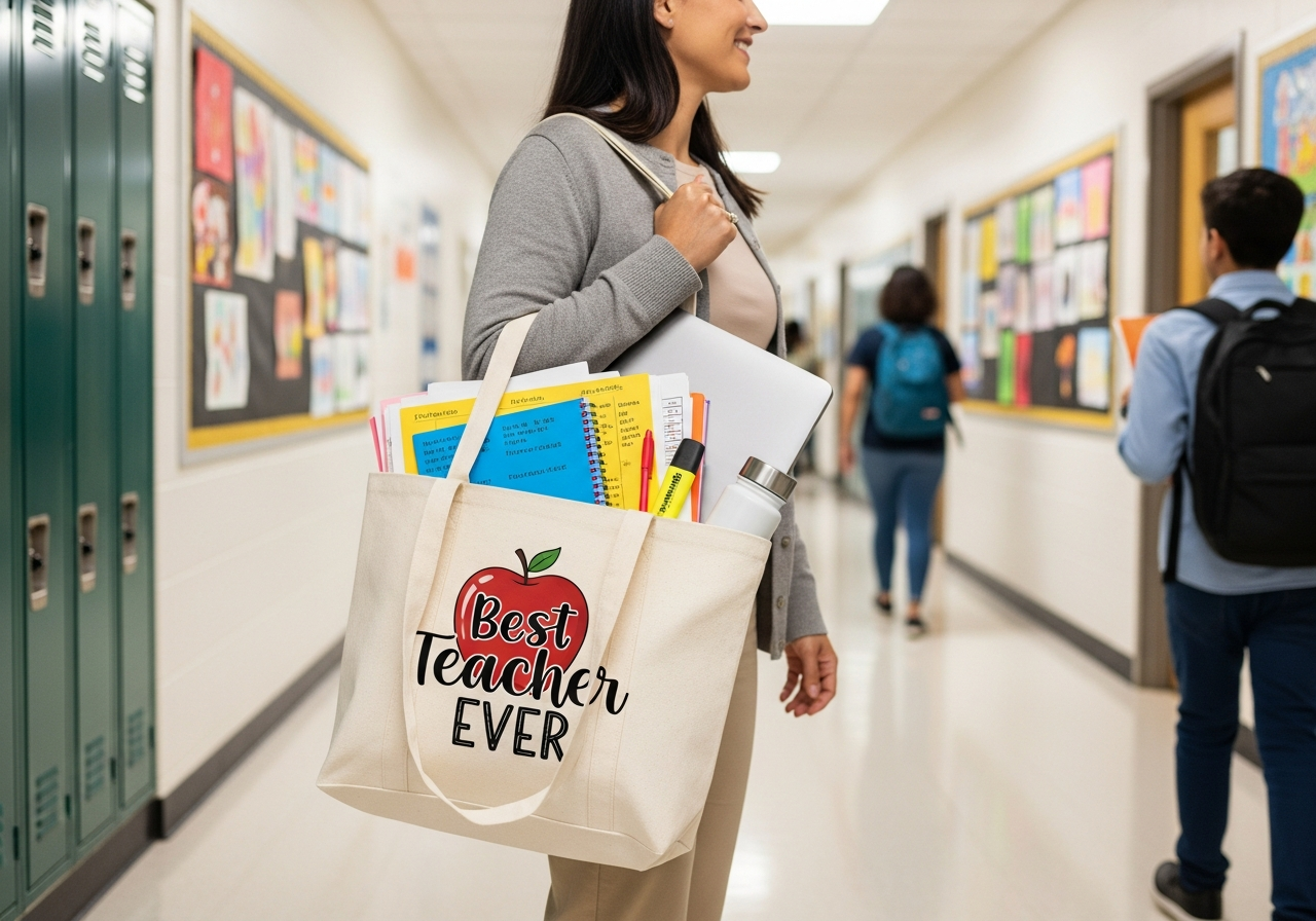 Teacher using a custom personalized tote bag in a classroom carrying books supplies and a laptop