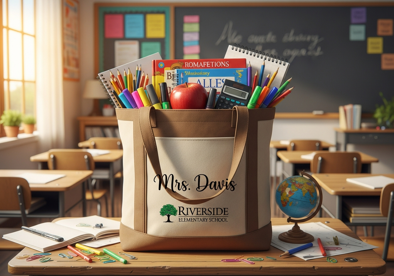 Custom teacher tote bags filled with school supplies on a classroom desk personalized with names