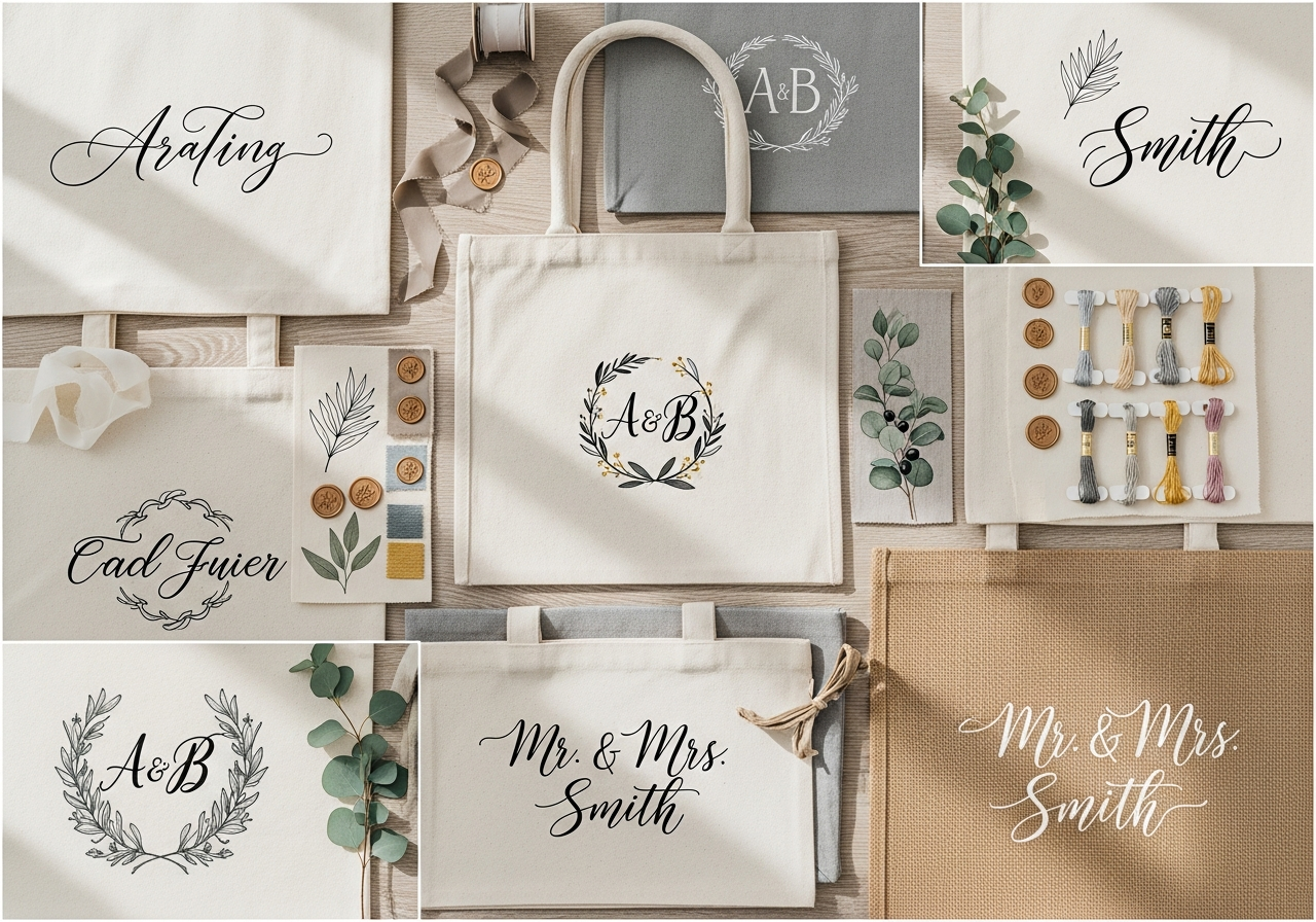 Wedding calligraphy font styles and monogram designs for custom tote bag personalization