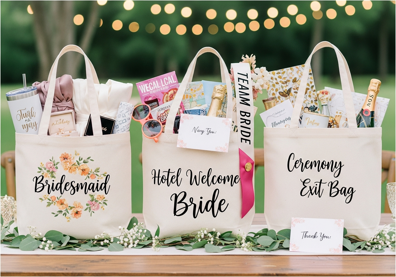 Custom wedding tote bags for bridesmaid proposals guest welcome bags bachelorette party and reception favors