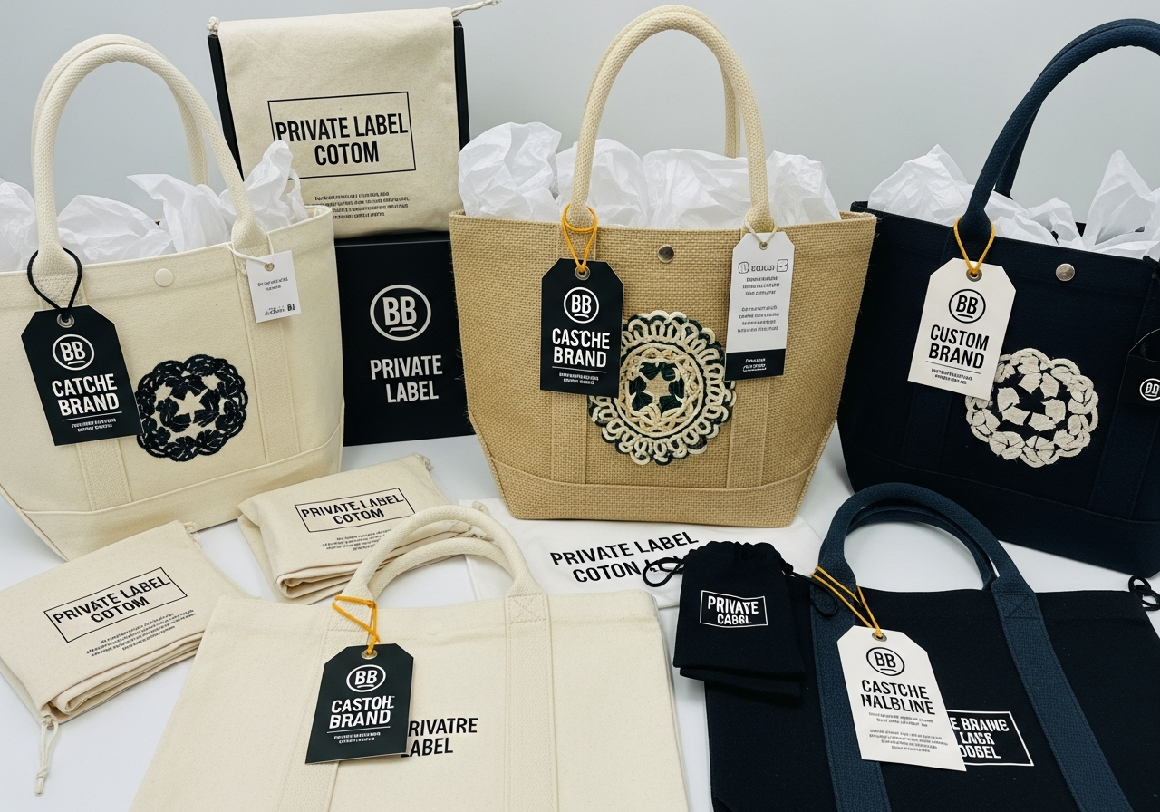 Private label wholesale custom tote bags with custom brand tags hang tags and retail packaging