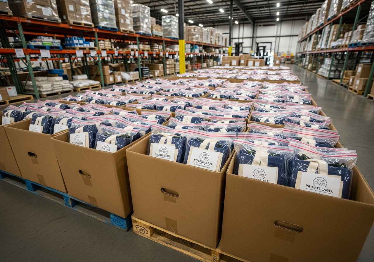 Wholesale custom tote bags packaged for resale showing private label tags branded packaging and retail-ready presentation