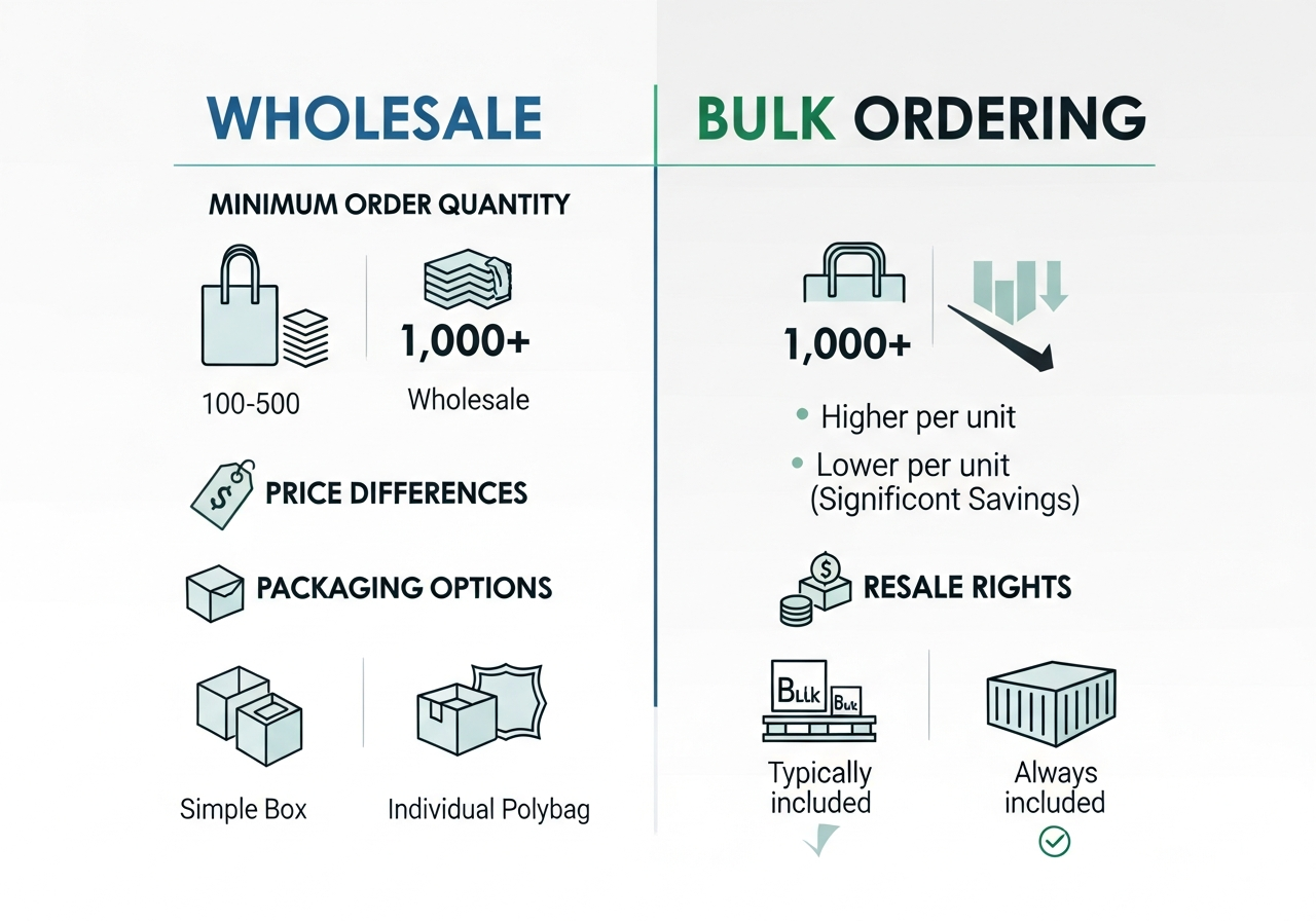 Wholesale vs bulk custom tote bag ordering comparison showing pricing structure MOQ and resale differences