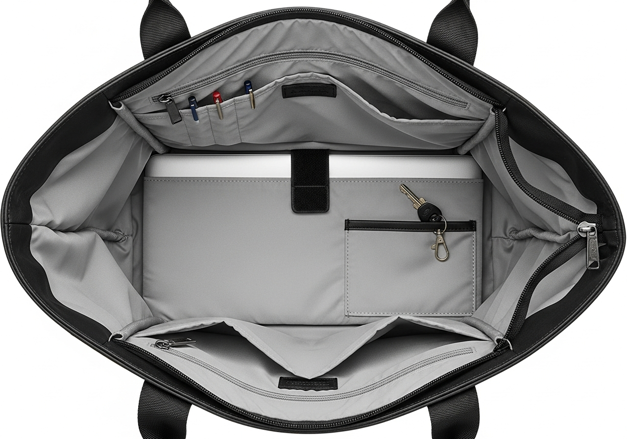 Custom zippered tote bag interior organization layout with pocket placement and padded compartments