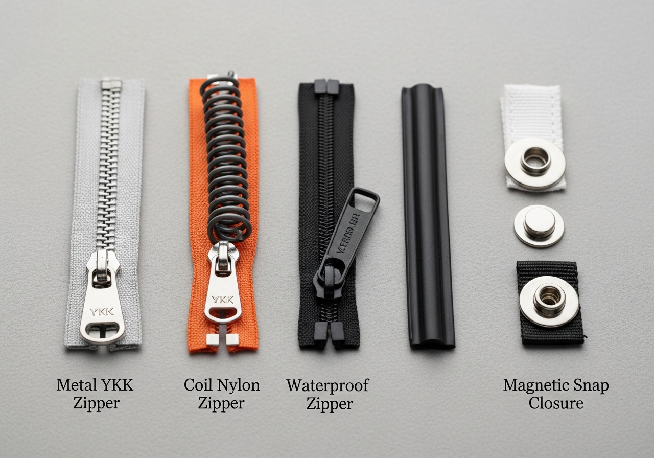 Different zipper types for custom tote bags metal YKK coil nylon waterproof and magnetic snap closures