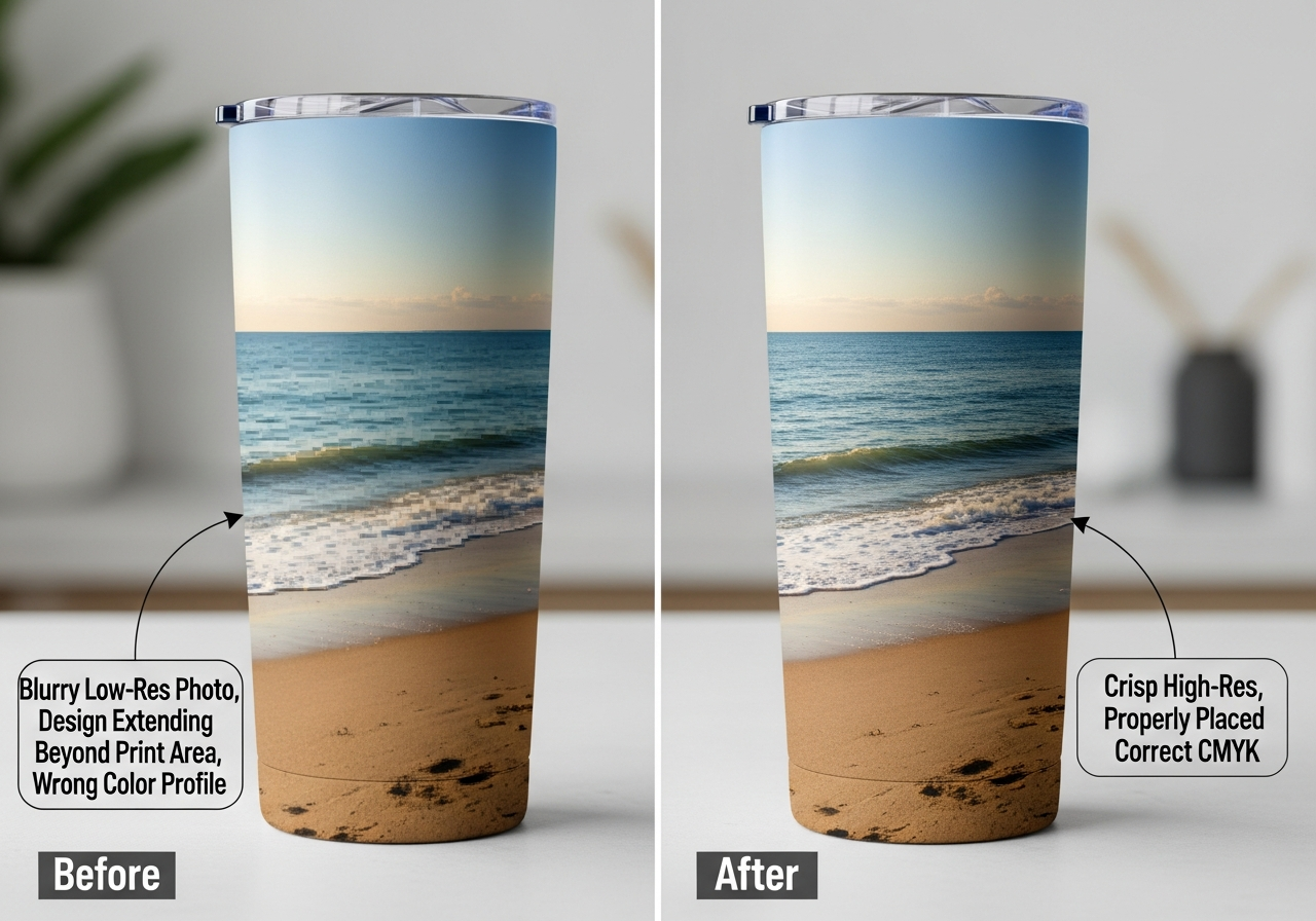 Before and after examples of common custom tumbler design mistakes including low resolution and taper distortion