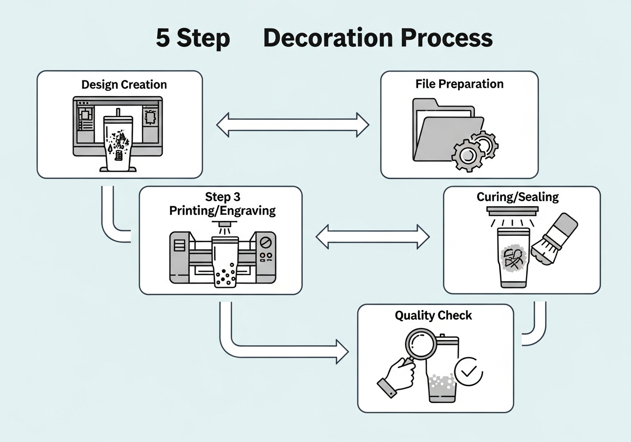 Side by side diagram of sublimation laser engraving and UV printing processes on tumblers