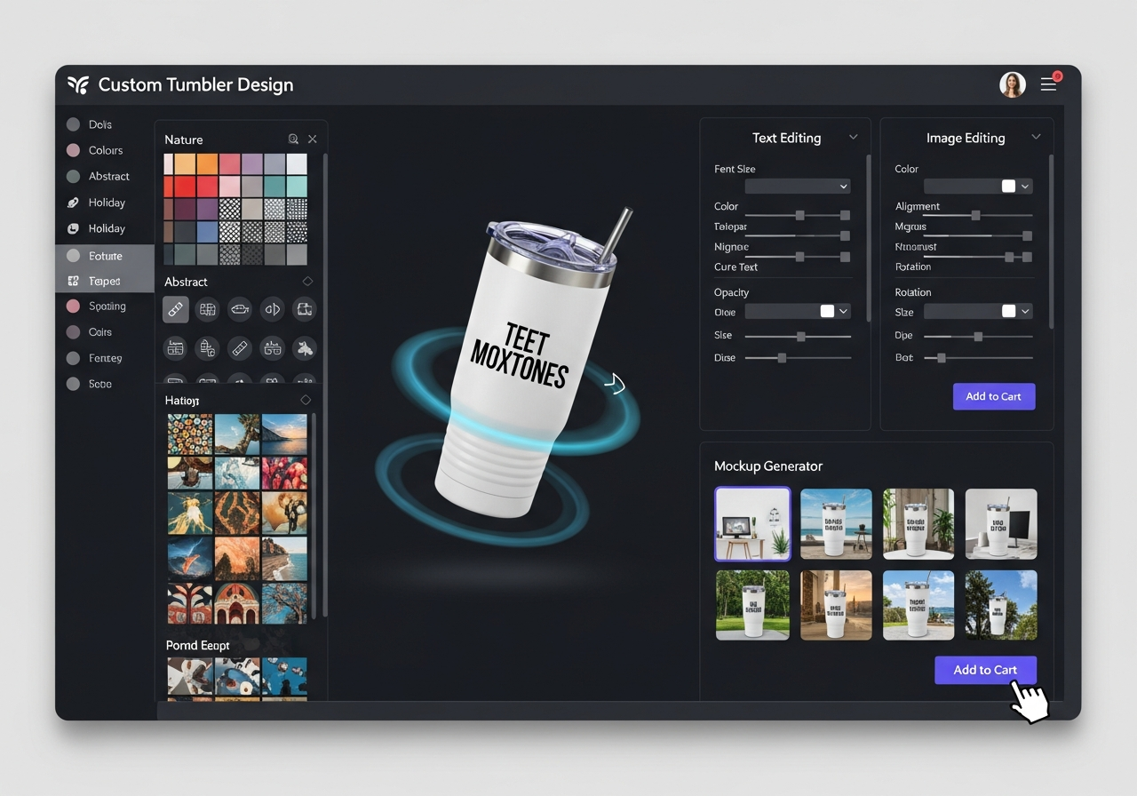 RareCustom design tool interface showing tumbler template with logo placement and mockup preview
