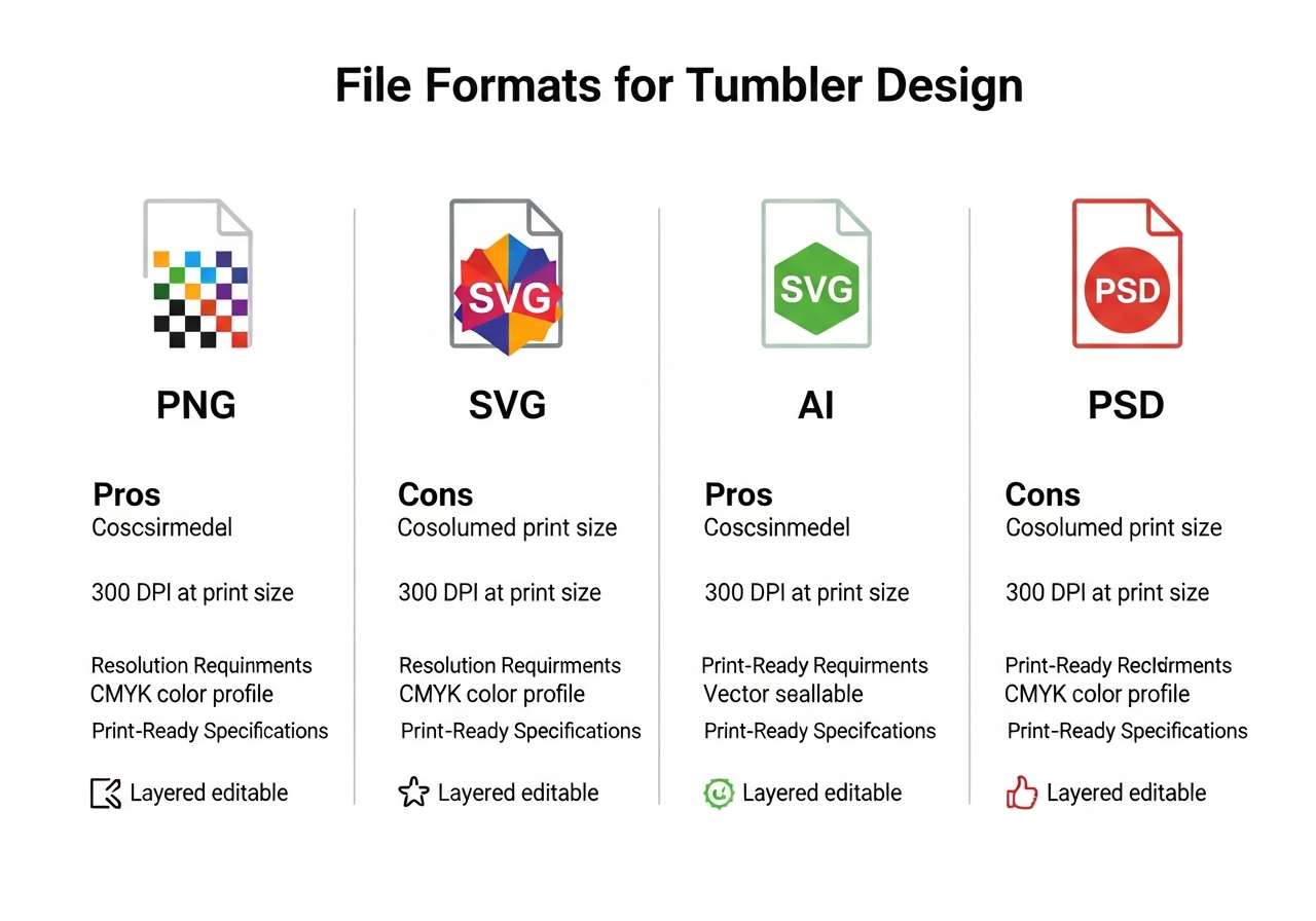Comparison chart of PNG SVG and PDF design file formats for custom tumbler printing