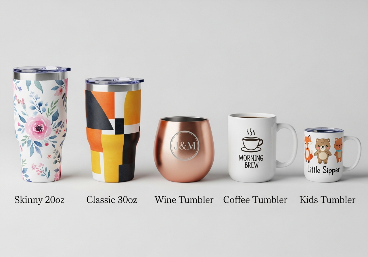 Lineup of skinny classic wide-mouth wine and kids custom tumblers with standard tumbler dimensions