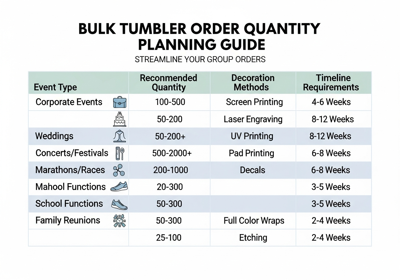 Tumbler quantity planning table showing buffer percentages for bulk orders
