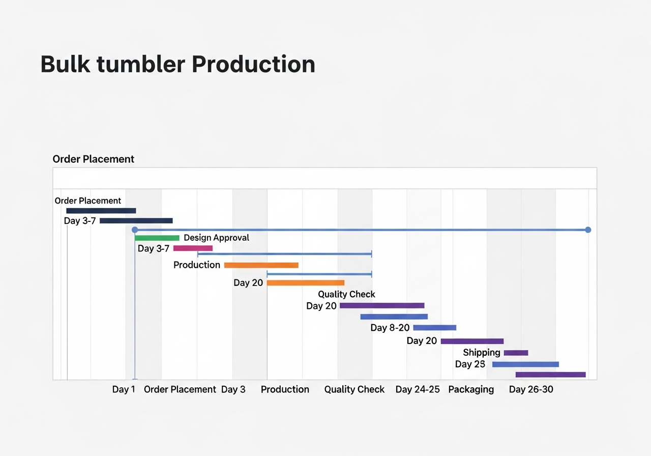 Bulk tumbler order timeline diagram showing production and shipping phases