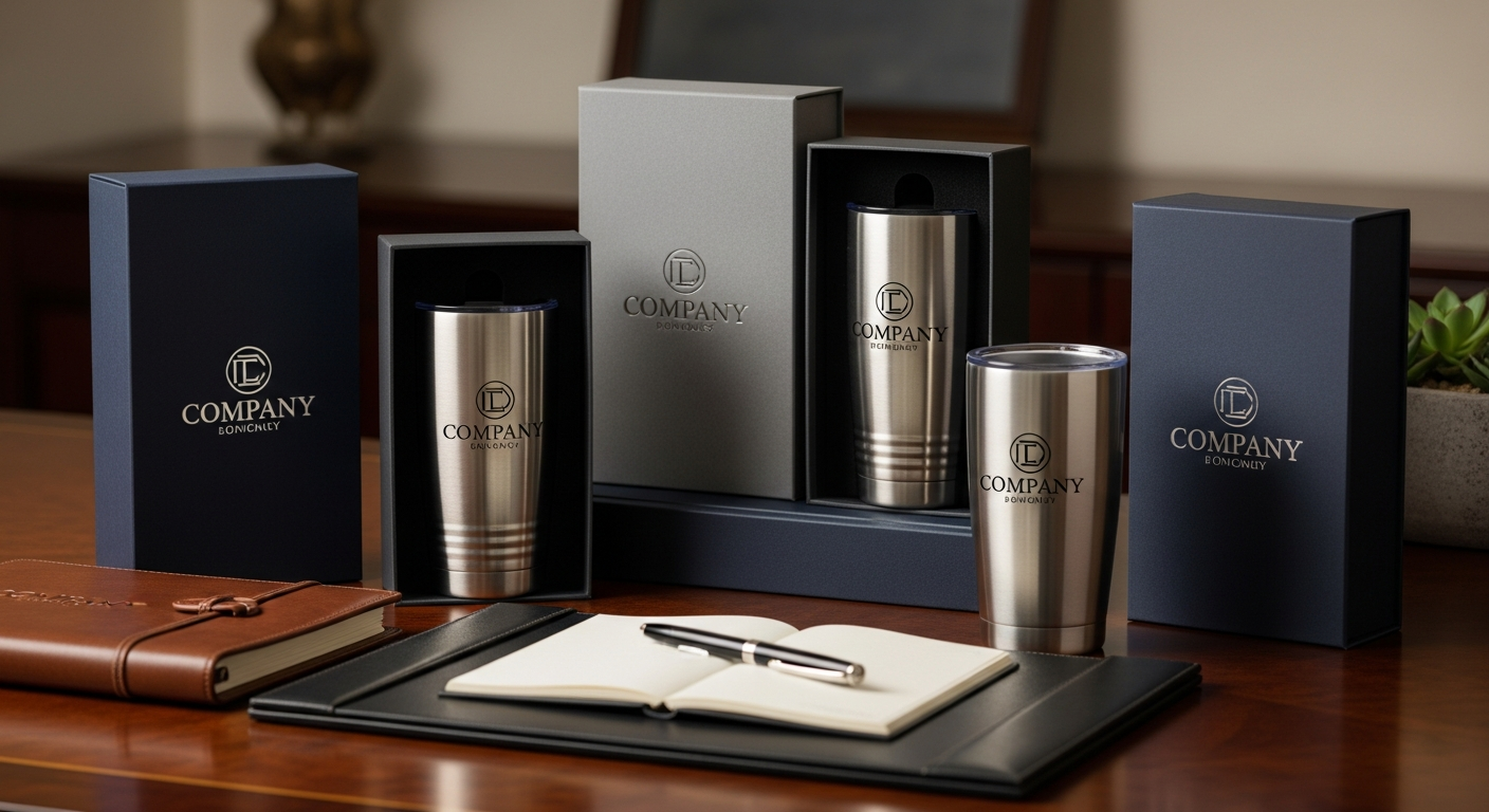 Premium corporate branded tumblers with company logos displayed on executive desk and in meeting room