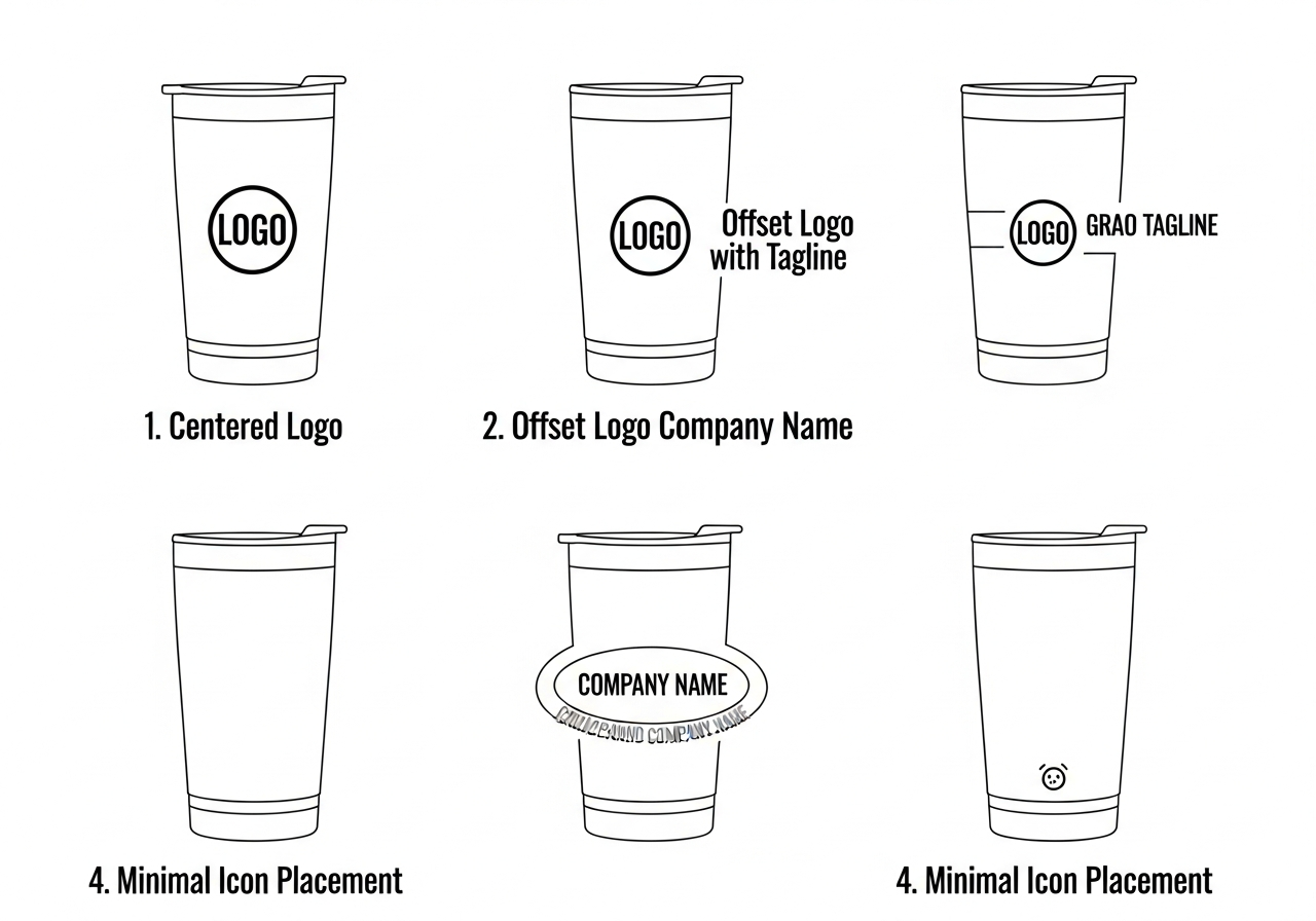 Logo placement guide showing optimal position size and clear space for corporate tumbler branding