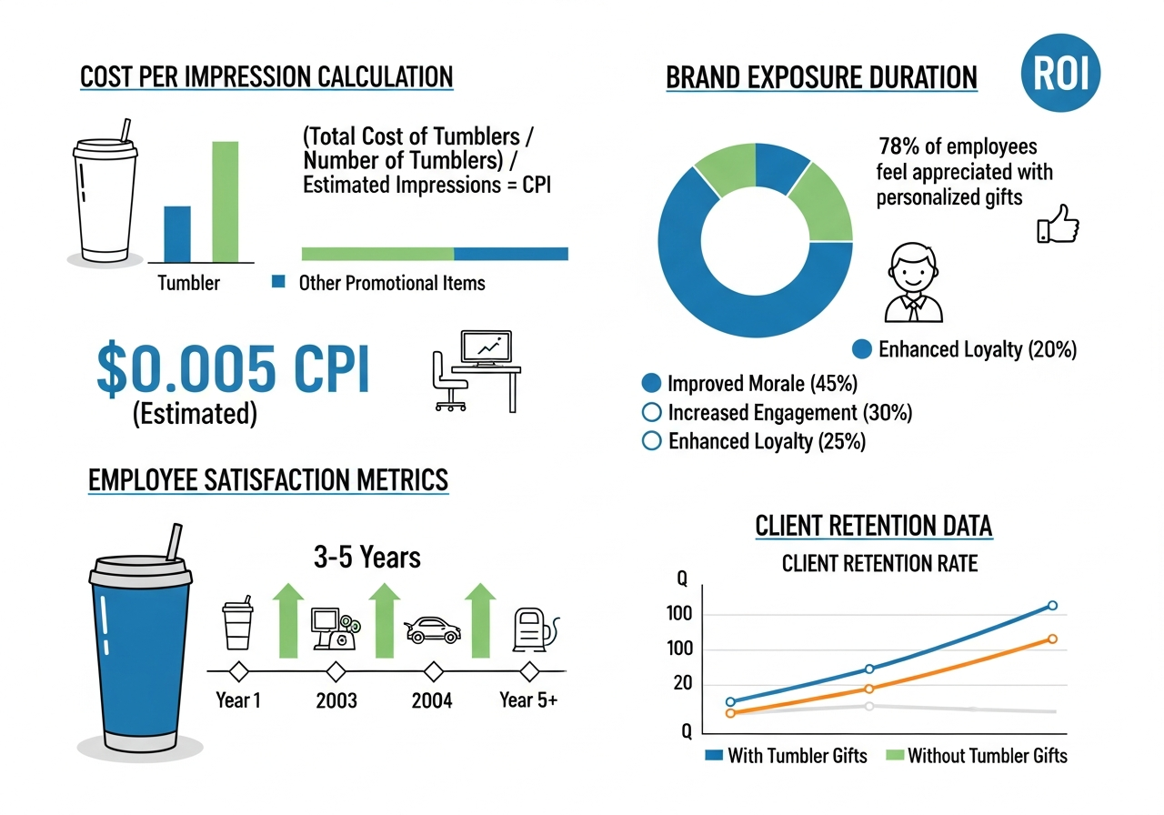 ROI infographic showing cost per impression brand recall and retention metrics for corporate branded tumblers