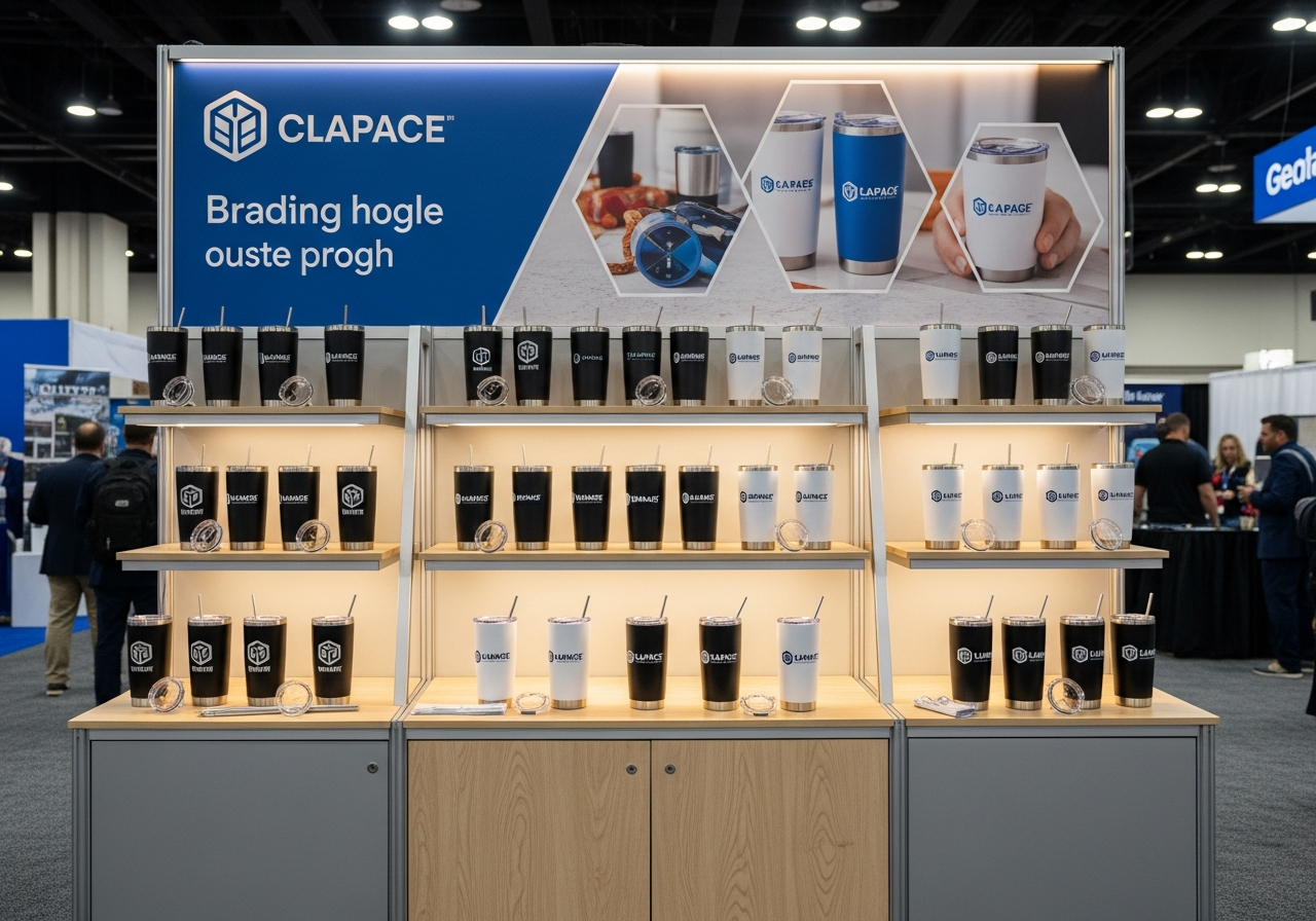 Trade show booth display featuring branded custom tumblers as conference swag giveaways