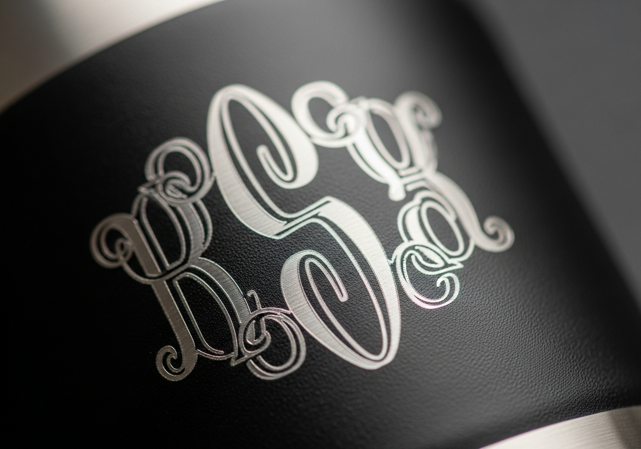 Close-up of laser engraved stainless steel tumbler showing metallic reveal effect on powder coating