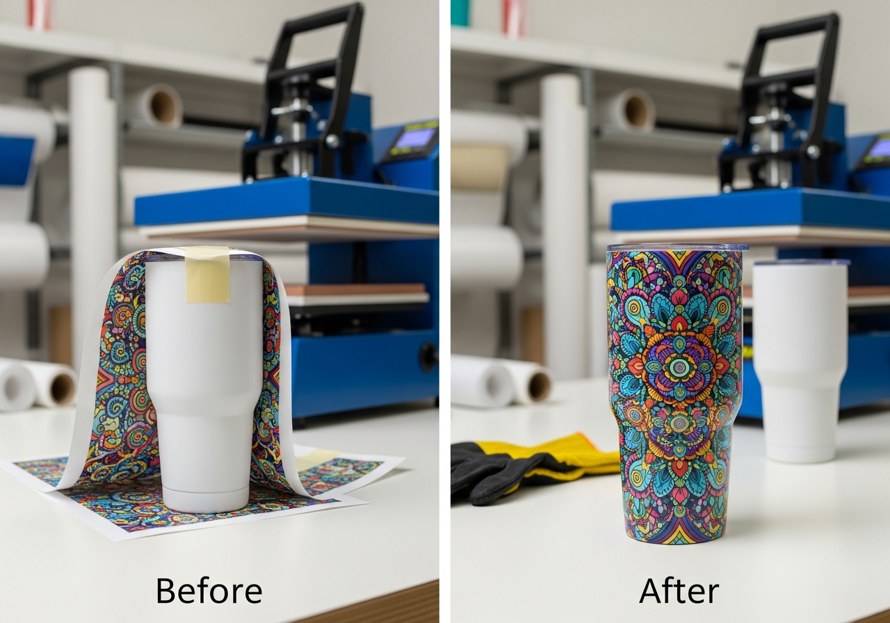 Step by step sublimation wrap process showing ink transfer heat press and finished tumbler result