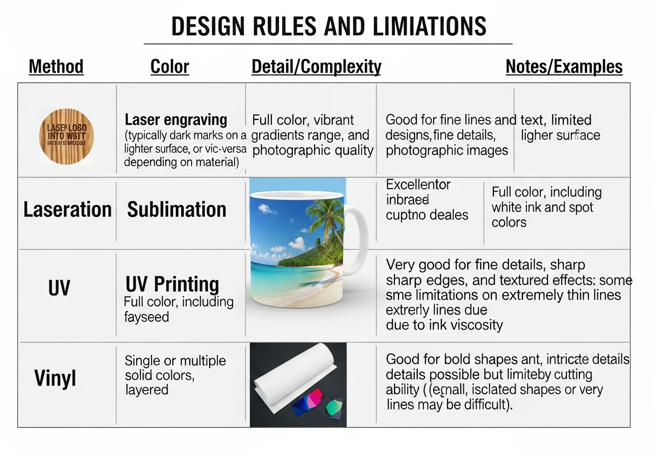 Design rules comparison for sublimation laser engraving and UV printing on tumblers