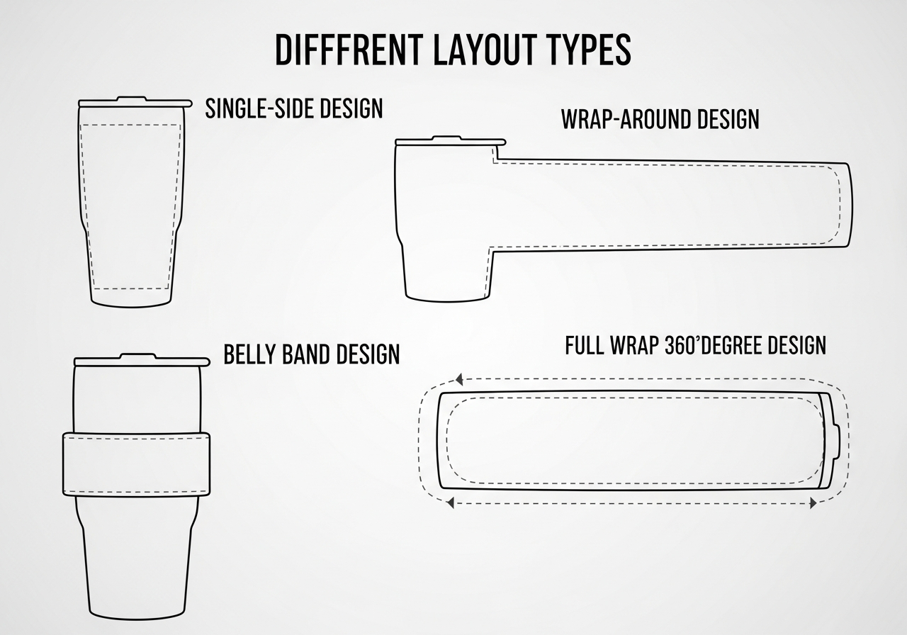 Layout types for tumbler design including full-wrap single-side and centered compositions