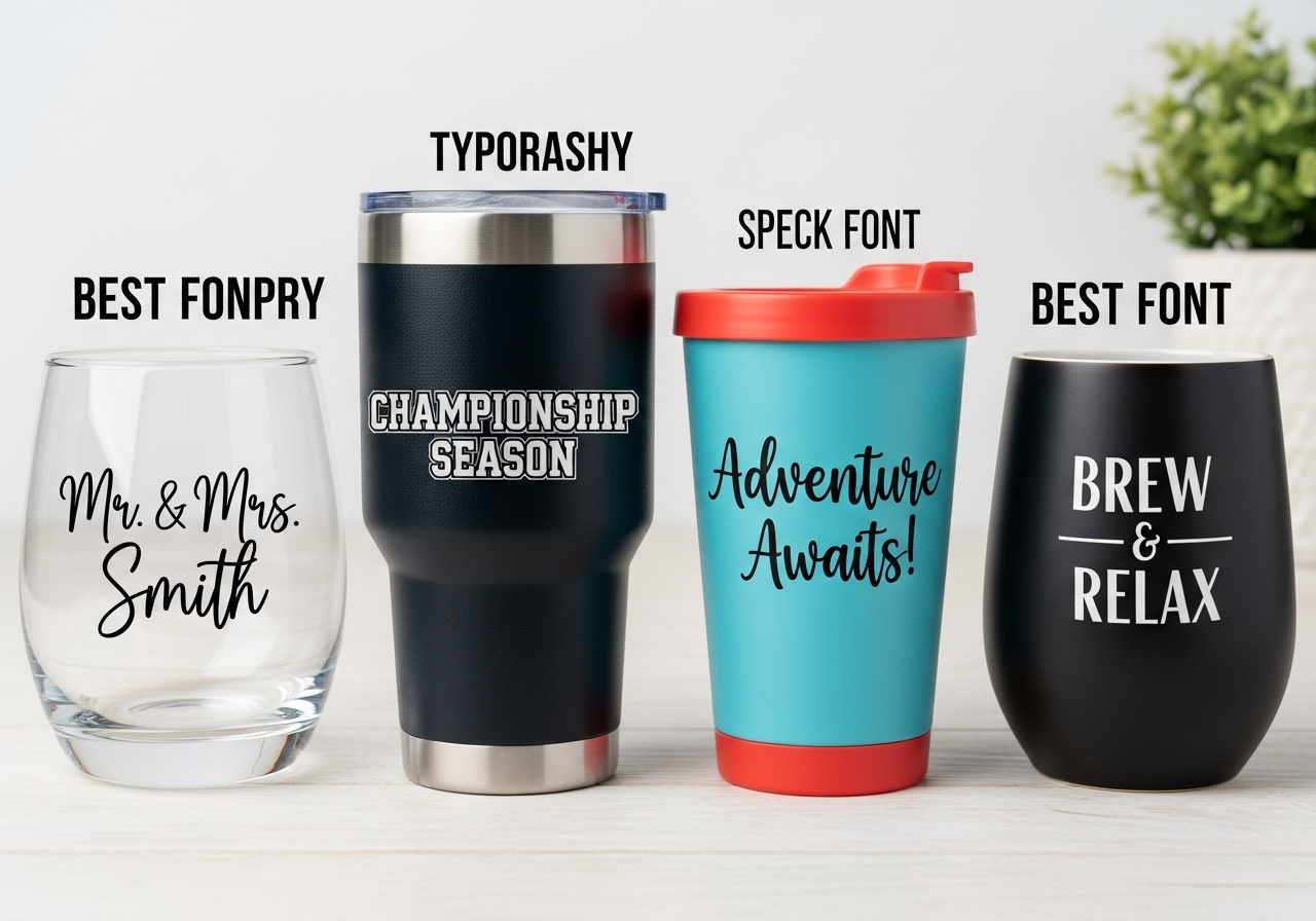 Top 10 fonts for custom tumbler design showing sans-serif script and display examples
