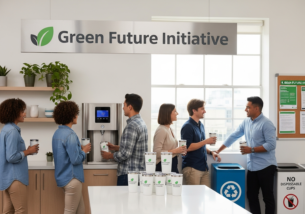 Corporate green drinkware program with branded sustainable tumblers