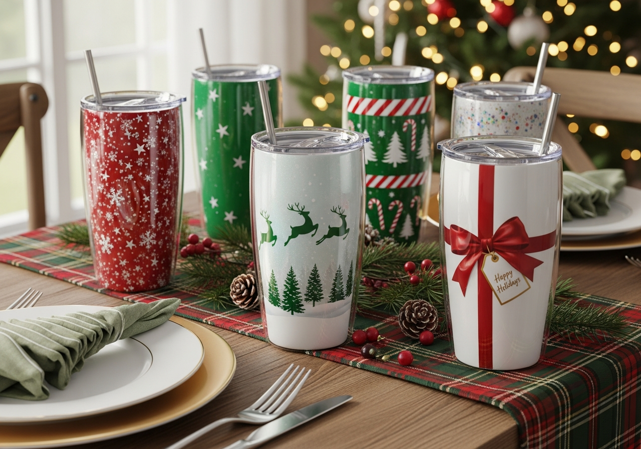 Christmas holiday custom tumbler designs with festive themes