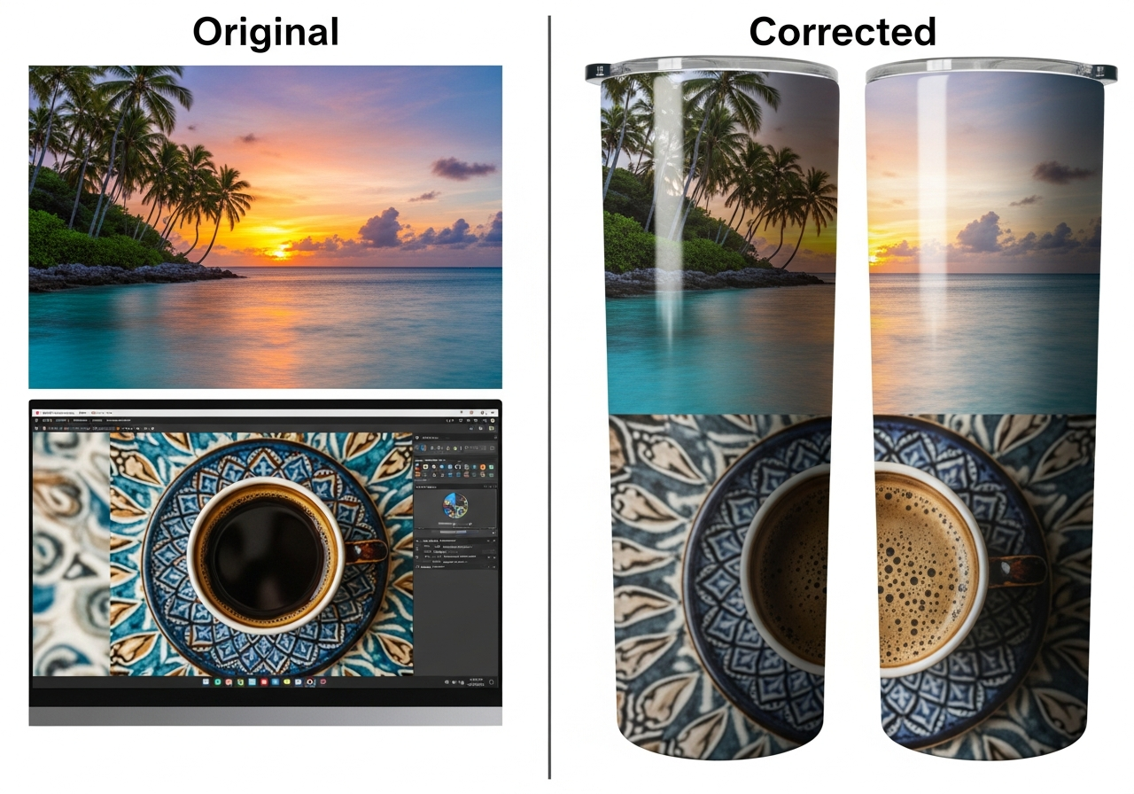 Before and after color correction showing saturation and contrast adjustments for tumbler printing