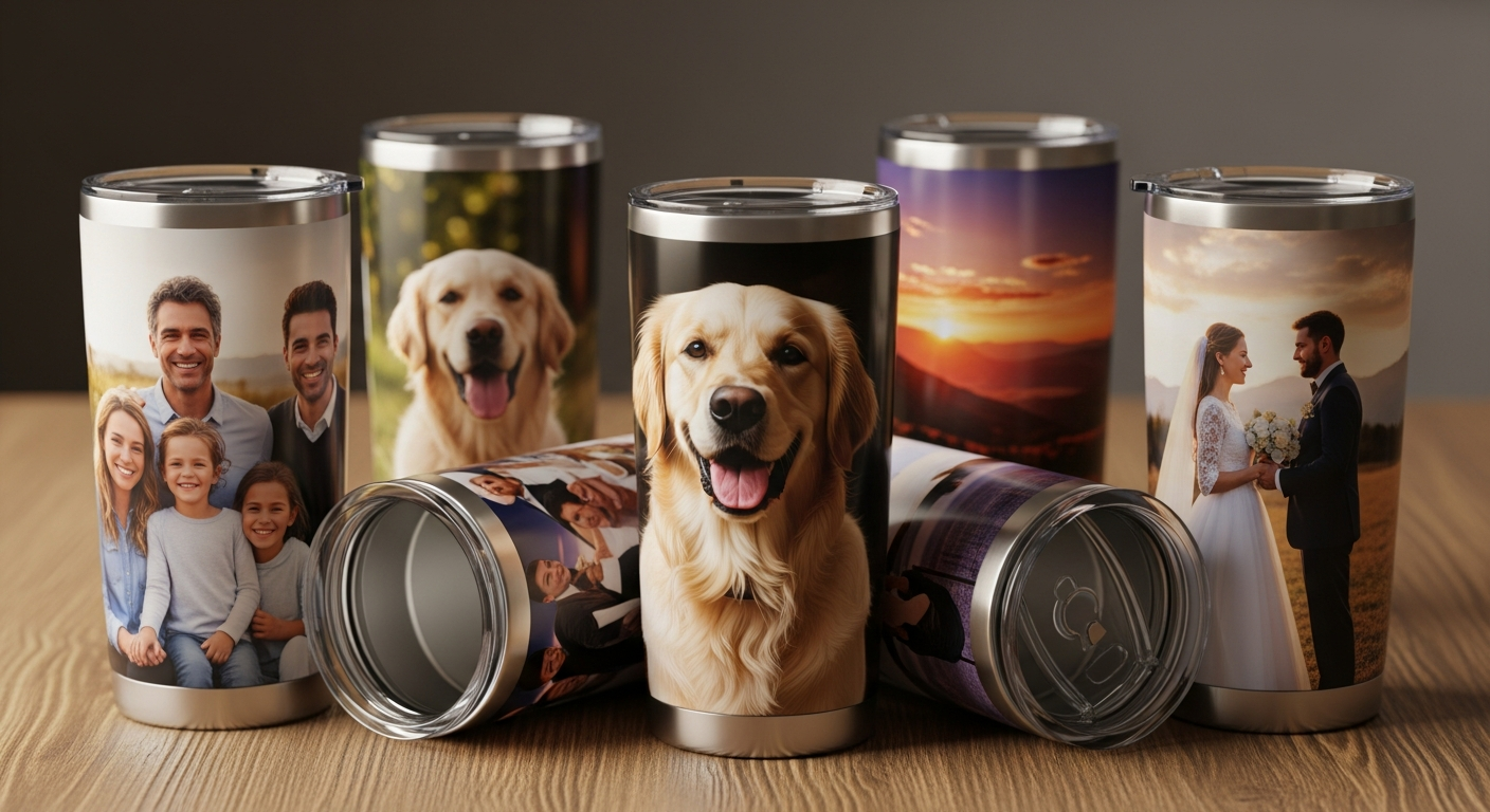 Collection of personalized photo tumblers featuring family portraits pet photos and landscape images