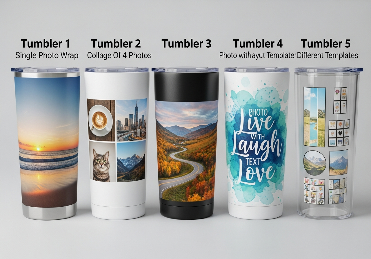 Three photo layout options for custom tumblers single hero image collage and full-wrap panoramic