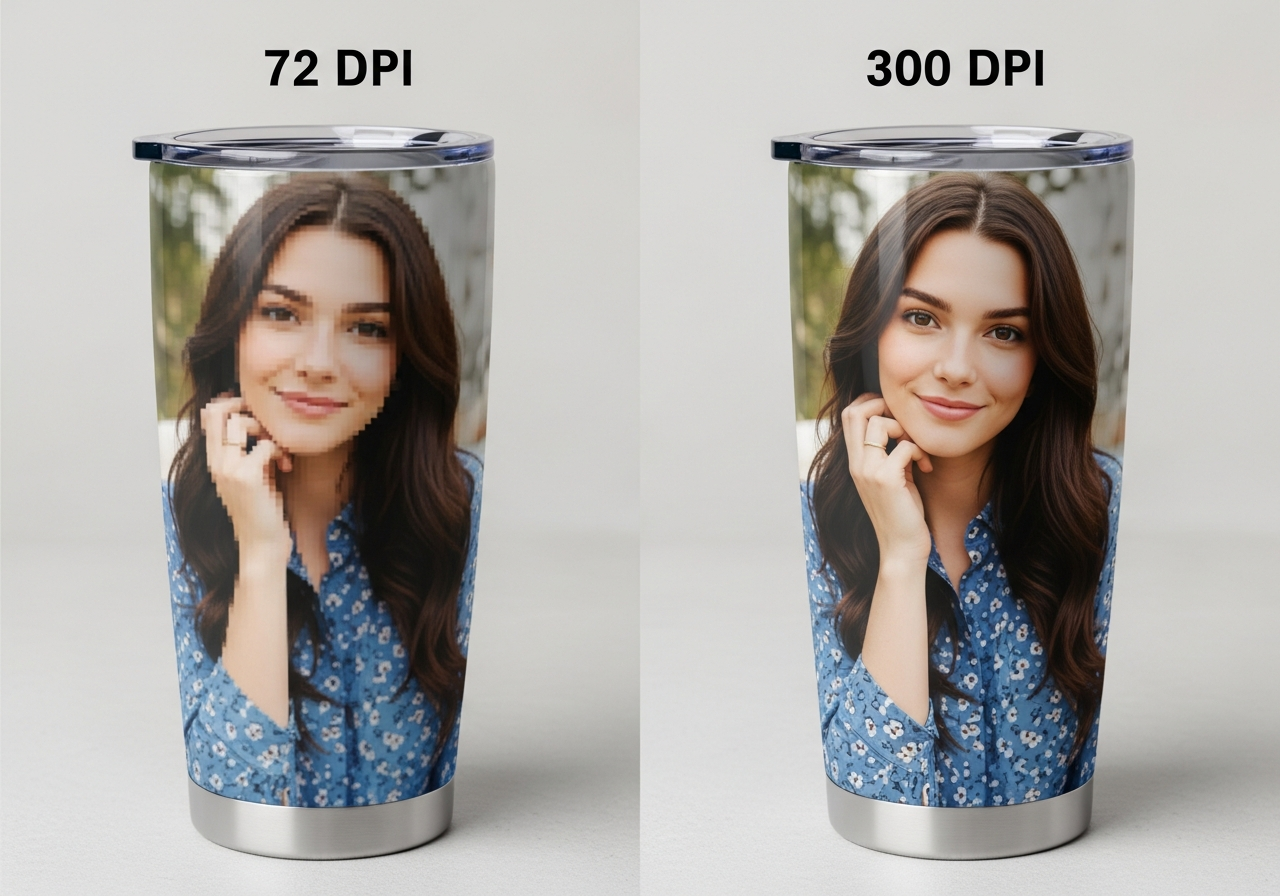 Side by side resolution comparison showing 72 DPI vs 300 DPI photo quality on printed tumblers