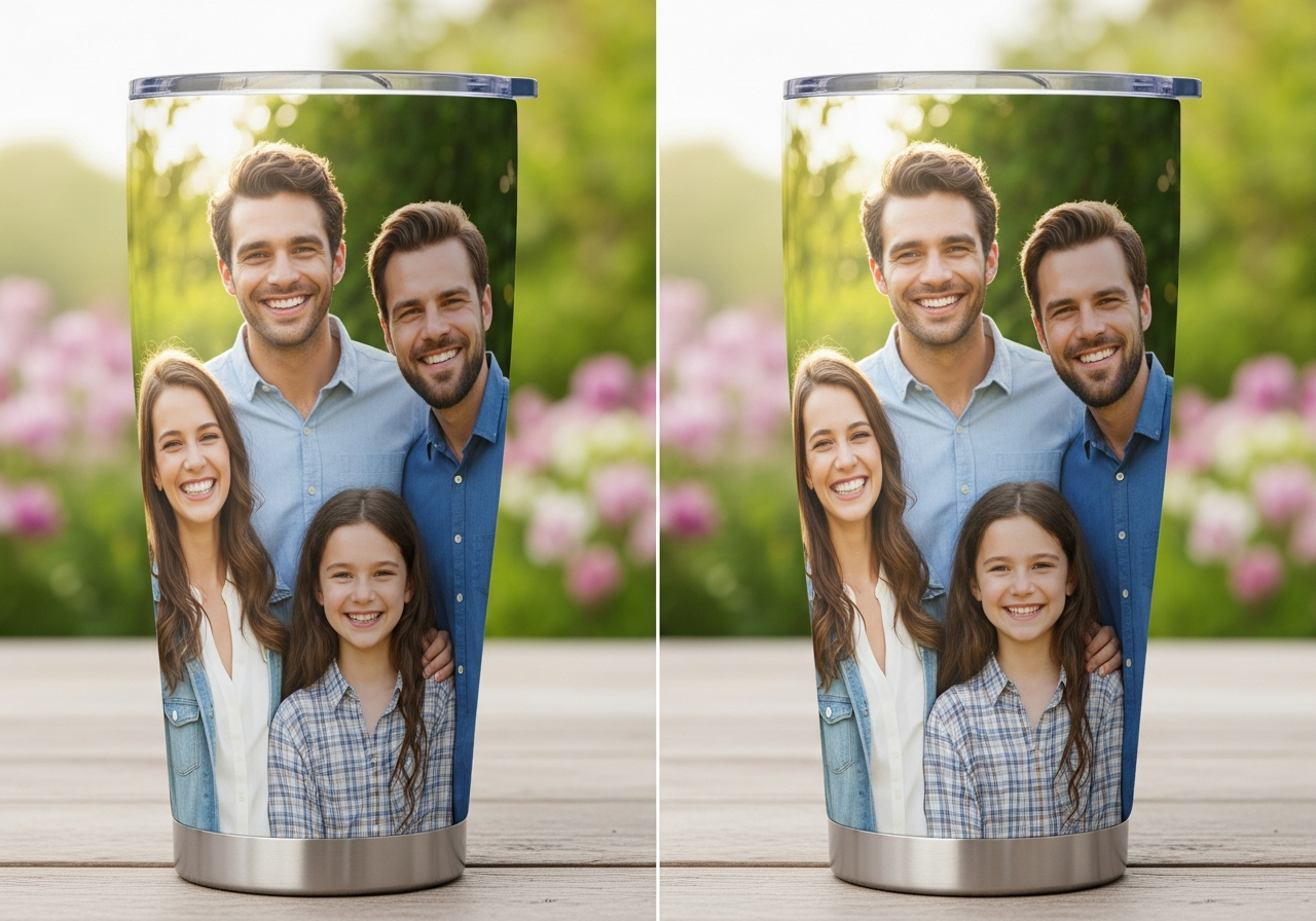 Diagram showing how taper distortion affects photo wrapping on custom tumblers with correction template