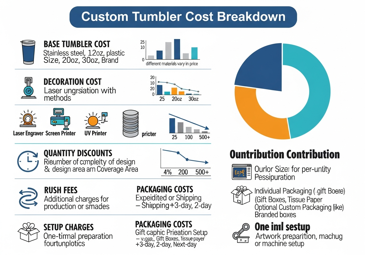 Custom tumbler cost factors breakdown showing blank decoration setup and shipping components