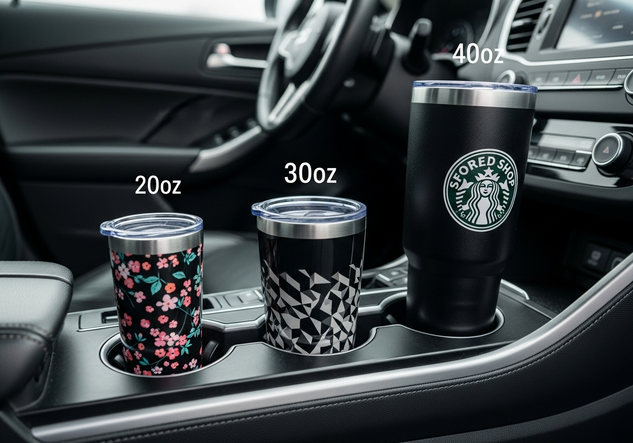 Cupholder compatibility chart showing which tumbler sizes fit standard car cupholders