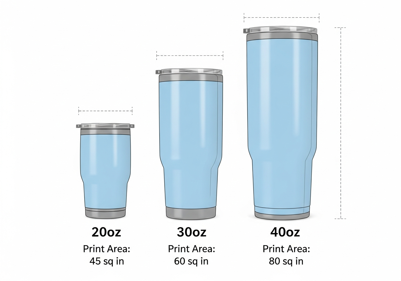 Print area comparison showing design surface dimensions for each tumbler size